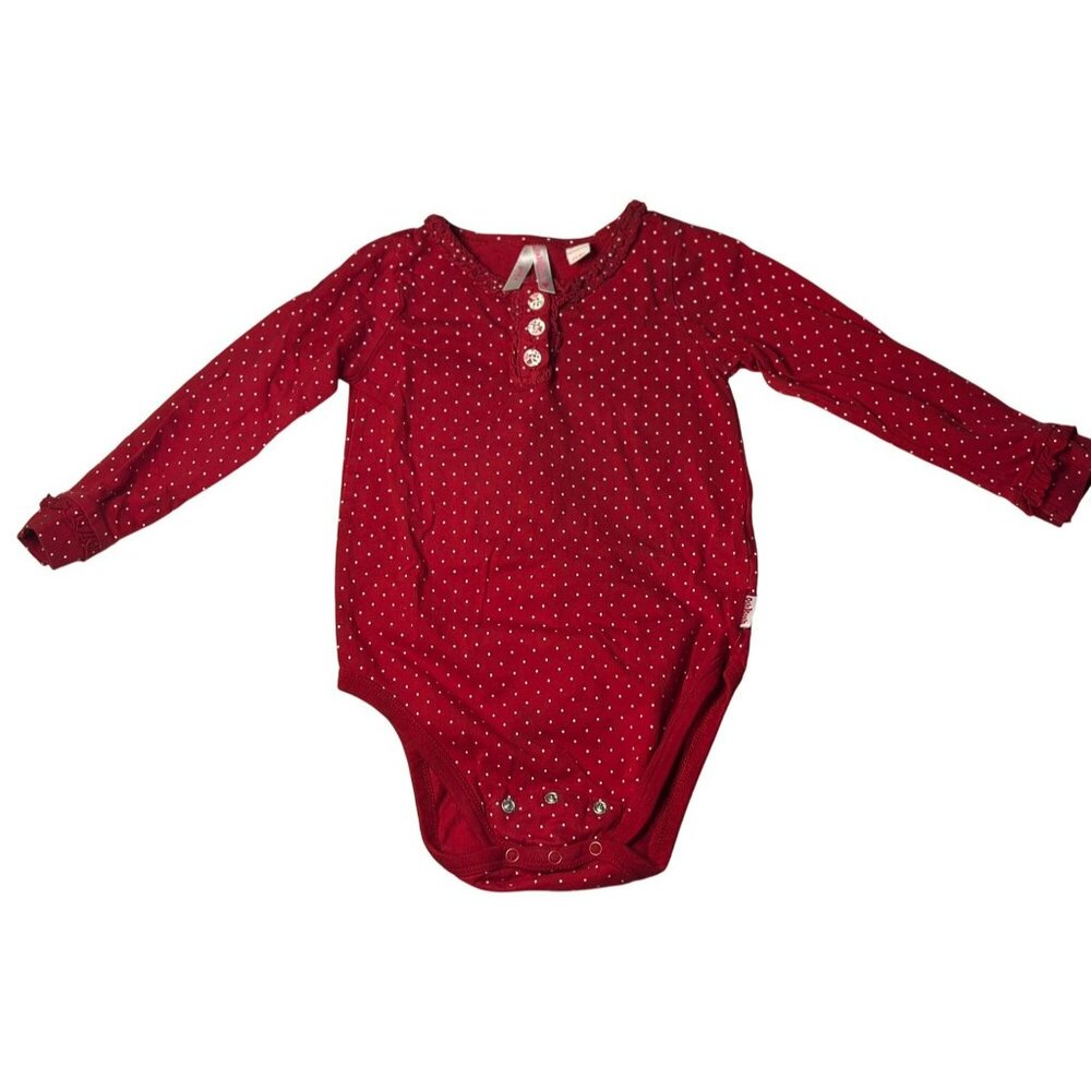 OshKosh B’gosh Girls Red & White Polka Dot Ruffle Snap-Front Bodysuit Romper 24M